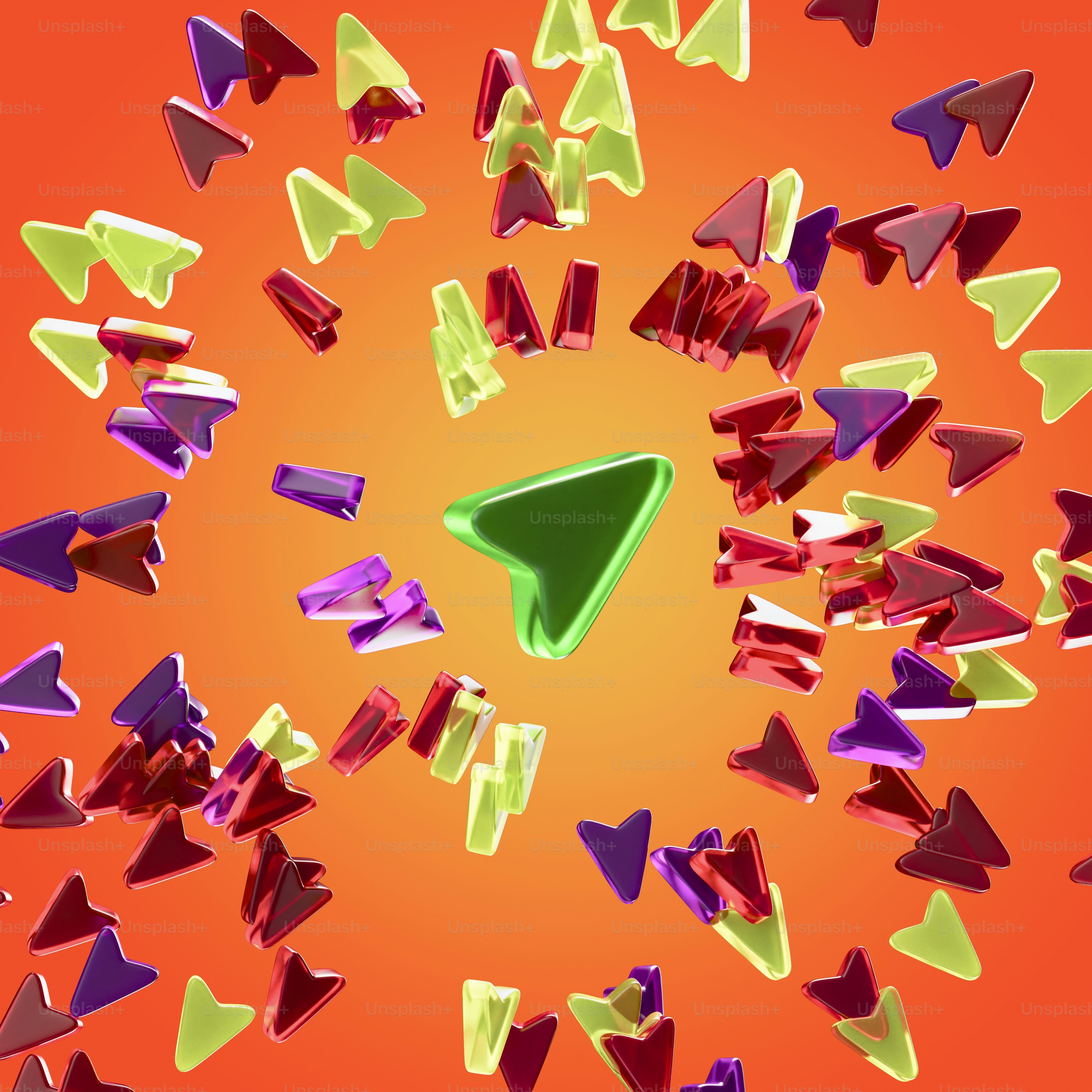 A green arrow surrounded by many colorful arrows